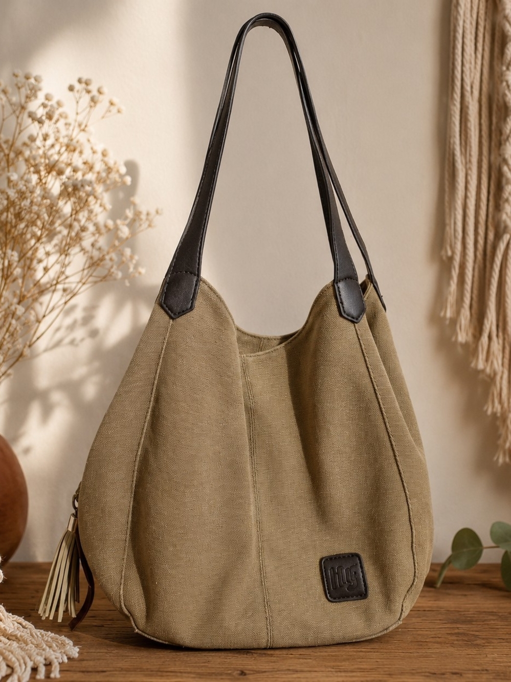 High Ground HG Canvas Hobo Shoulder Bag Khaki Brown Large Everyday Tote Tassel